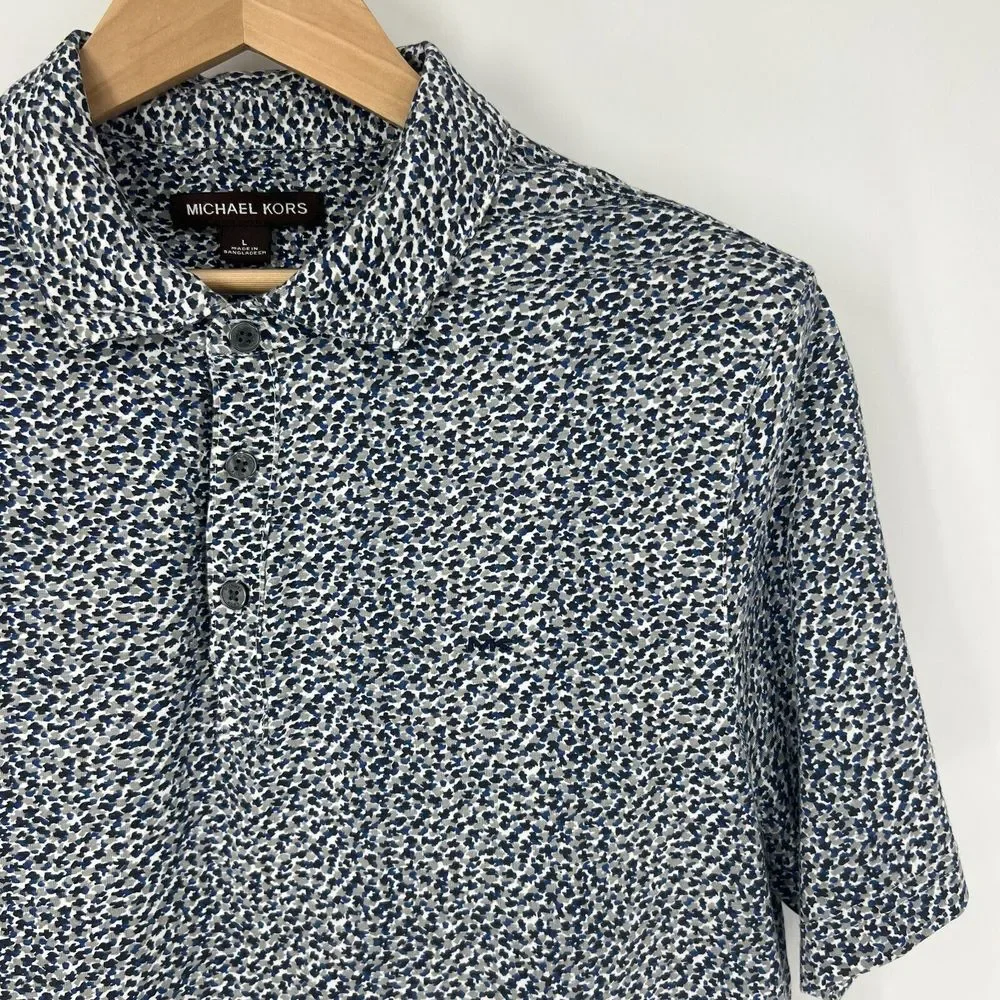 Michael Kors Polo Shirt Mens Size L Short Sleeve Blue Abstract Camo Print - Picture 8 of 13